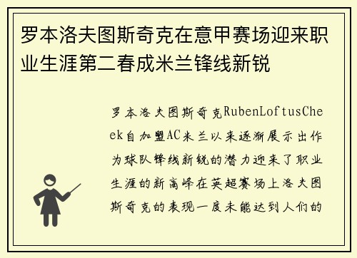 罗本洛夫图斯奇克在意甲赛场迎来职业生涯第二春成米兰锋线新锐 罗本洛夫图斯奇克在意甲赛场迎来职业生涯第二春成米兰锋线新锐